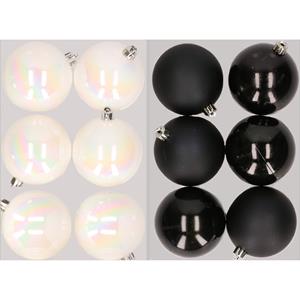 Decoris 12x stuks kunststof kerstballen mix van parelmoer wit en zwart 8 cm -