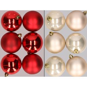Decoris 12x stuks kunststof kerstballen mix van rood en champagne 8 cm -