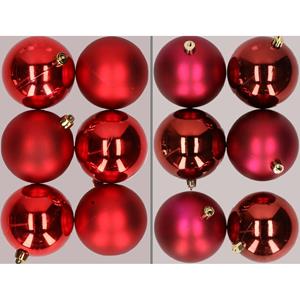 Decoris 12x stuks kunststof kerstballen mix van rood en donkerrood 8 cm -