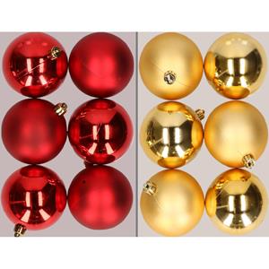 Decoris 12x stuks kunststof kerstballen mix van rood en goud 8 cm -