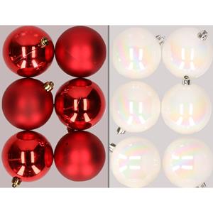 Decoris 12x stuks kunststof kerstballen mix van rood en parelmoer wit 8 cm -