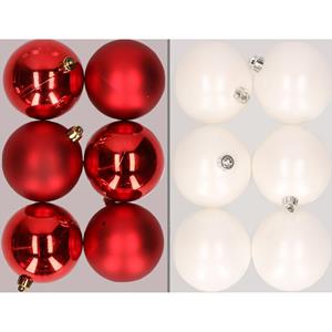 Decoris 12x stuks kunststof kerstballen mix van rood en wit 8 cm -