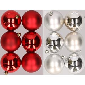 Decoris 12x stuks kunststof kerstballen mix van rood en zilver 8 cm -