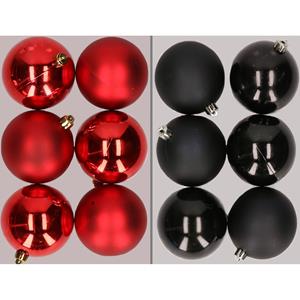 Decoris 12x stuks kunststof kerstballen mix van rood en zwart 8 cm -