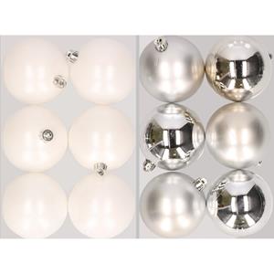 Decoris 12x stuks kunststof kerstballen mix van winter wit en zilver 8 cm -