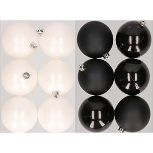 Decoris 12x stuks kunststof kerstballen mix van winter wit en zwart 8 cm -