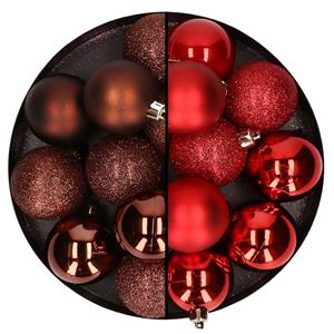 Cosy & Trendy 24x stuks kunststof kerstballen mix van donkerbruin en rood 6 cm -