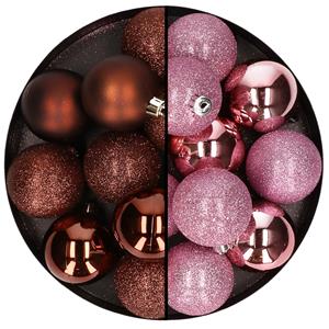 Cosy & Trendy 24x stuks kunststof kerstballen mix van donkerbruin en roze 6 cm -
