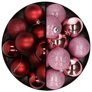 Cosy & Trendy 24x stuks kunststof kerstballen mix van donkerrood en roze 6 cm -