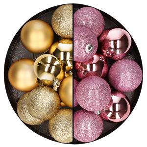 Cosy & Trendy 24x stuks kunststof kerstballen mix van goud en roze 6 cm -