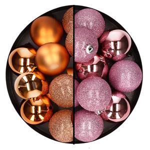 Cosy & Trendy 24x stuks kunststof kerstballen mix van koper en roze 6 cm -