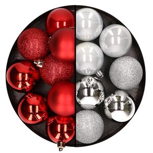 Cosy & Trendy 24x stuks kunststof kerstballen mix van rood en zilver 6 cm -