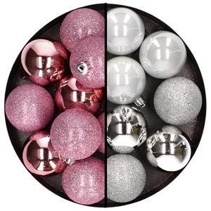 Cosy & Trendy 24x stuks kunststof kerstballen mix van roze en zilver 6 cm -
