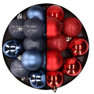 Cosy & Trendy 24x stuks kunststof kerstballen mix van donkerblauw en rood 6 cm -