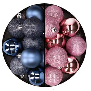 Cosy & Trendy 24x stuks kunststof kerstballen mix van donkerblauw en roze 6 cm -