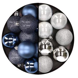 Cosy & Trendy 24x stuks kunststof kerstballen mix van donkerblauw en zilver 6 cm -