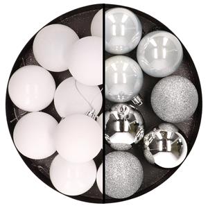 Cosy & Trendy 24x stuks kunststof kerstballen mix van wit en zilver 6 cm -