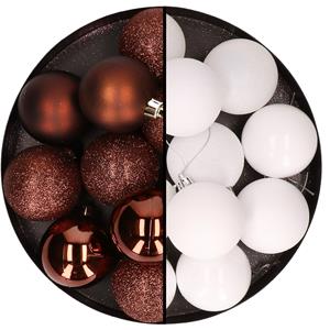 Cosy & Trendy 24x stuks kunststof kerstballen mix van donkerbruin en wit 6 cm -