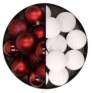 Cosy & Trendy 24x stuks kunststof kerstballen mix van donkerrood en wit 6 cm -