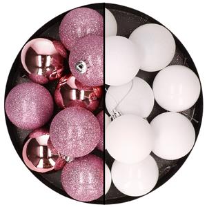 Cosy & Trendy 24x stuks kunststof kerstballen mix van roze en wit 6 cm -