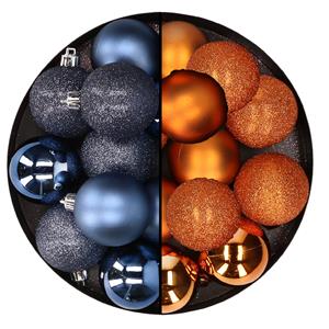 Cosy & Trendy 24x stuks kunststof kerstballen mix van donkerblauw en oranje 6 cm -
