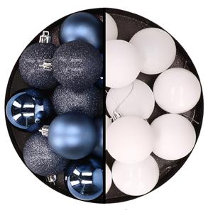 Cosy & Trendy 24x stuks kunststof kerstballen mix van donkerblauw en wit 6 cm -
