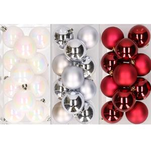 Bellatio 36x stuks kunststof kerstballen mix van parelmoer wit, zilver en kerstrood 6 cm -