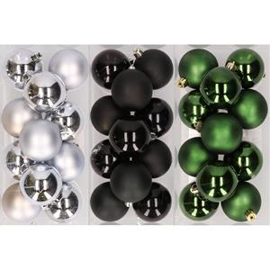 Bellatio 36x stuks kunststof kerstballen mix van zilver, zwart en donkergroen 6 cm -