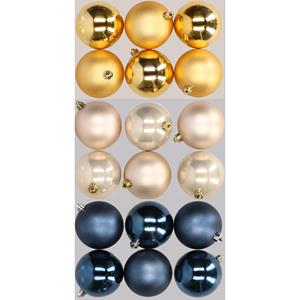 Decoris 18x stuks kunststof kerstballen mix van donkerblauw, champagne en goud 8 cm -