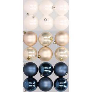 Decoris 18x stuks kunststof kerstballen mix van donkerblauw, champagne en wit 8 cm -