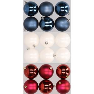 Decoris 18x stuks kunststof kerstballen mix van donkerblauw, wit en donkerrood 8 cm -