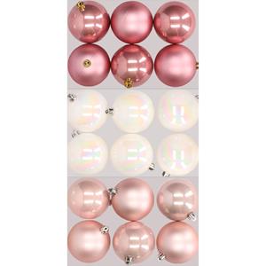 Decoris 18x stuks kunststof kerstballen mix van lichtroze, parelmoer wit en oudroze 8 cm -