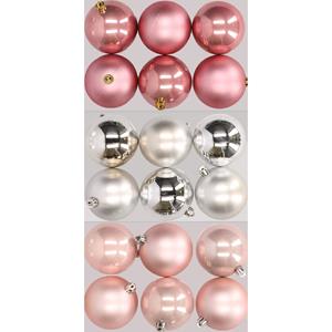 Decoris 18x stuks kunststof kerstballen mix van lichtroze, zilver en oudroze 8 cm -