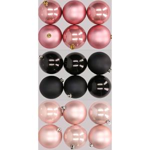 Decoris 18x stuks kunststof kerstballen mix van lichtroze, zwart en oudroze 8 cm -