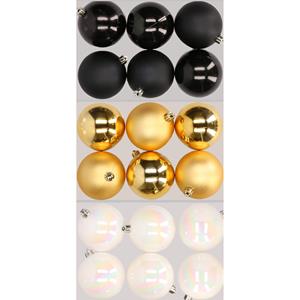 Decoris 18x stuks kunststof kerstballen mix van zwart, parelmoer wit en goud 8 cm -