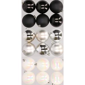 Decoris 18x stuks kunststof kerstballen mix van zwart, parelmoer wit en zilver 8 cm -