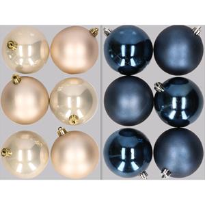 Bellatio 12x stuks kunststof kerstballen mix van champagne en donkerblauw 8 cm -