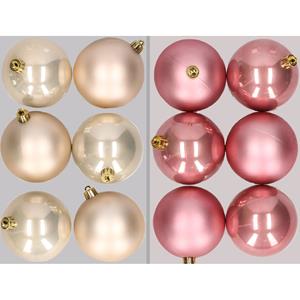 Bellatio 12x stuks kunststof kerstballen mix van champagne en oudroze 8 cm -