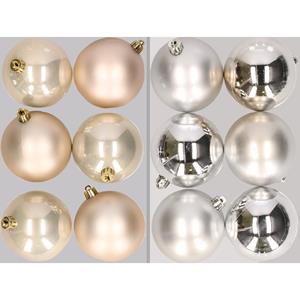 Bellatio 12x stuks kunststof kerstballen mix van champagne en zilver 8 cm -