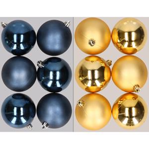 Bellatio 12x stuks kunststof kerstballen mix van donkerblauw en goud 8 cm -
