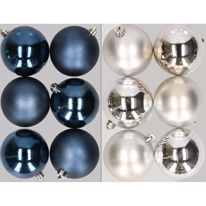 Bellatio 12x stuks kunststof kerstballen mix van donkerblauw en zilver 8 cm -
