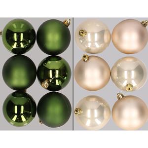 Decoris 12x stuks kunststof kerstballen mix van donkergroen en champagne 8 cm -