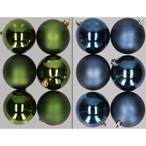 Decoris 12x stuks kunststof kerstballen mix van donkergroen en donkerblauw 8 cm -