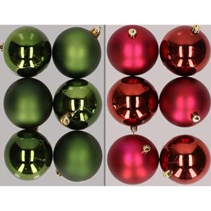 Decoris 12x stuks kunststof kerstballen mix van donkergroen en donkerrood 8 cm -
