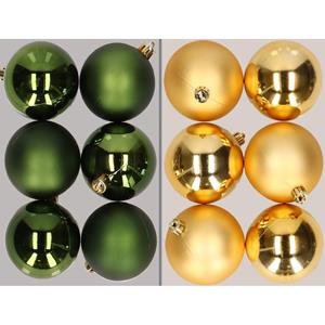 Decoris 12x stuks kunststof kerstballen mix van donkergroen en goud 8 cm -