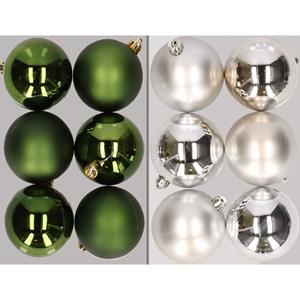 Decoris 12x stuks kunststof kerstballen mix van donkergroen en zilver 8 cm -