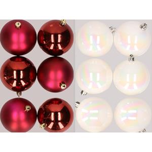 Bellatio 12x stuks kunststof kerstballen mix van donkerrood en parelmoer wit 8 cm -