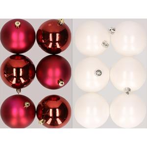Bellatio 12x stuks kunststof kerstballen mix van donkerrood en winter wit 8 cm -