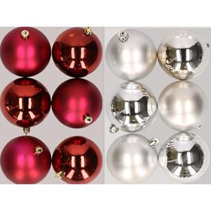 Bellatio 12x stuks kunststof kerstballen mix van donkerrood en zilver 8 cm -