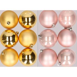 Bellatio 12x stuks kunststof kerstballen mix van goud en lichtroze 8 cm -